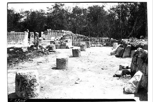 House of the grinding stones, after excavation. Looking S along front corridor.