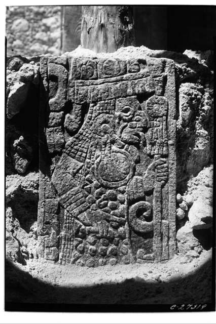 Sculptured and painted column in buried Temple of Chac Mool