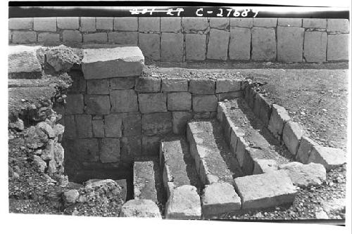 T of Wall panels. Excavated stairway to an earler construction to S. of temple.