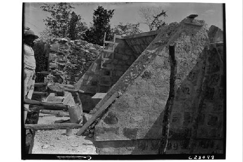 Close up of repair of arched roof at Temple of Three Lintels.