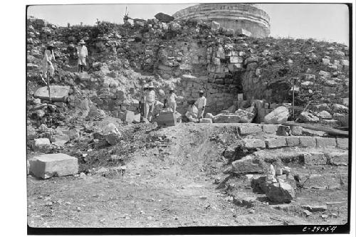 Caracol, excavation of stairway of lower platform, N. side of stairway.