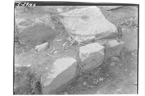 Caracol, lower stone of serpent balustrade as found in situ, south balustrade.