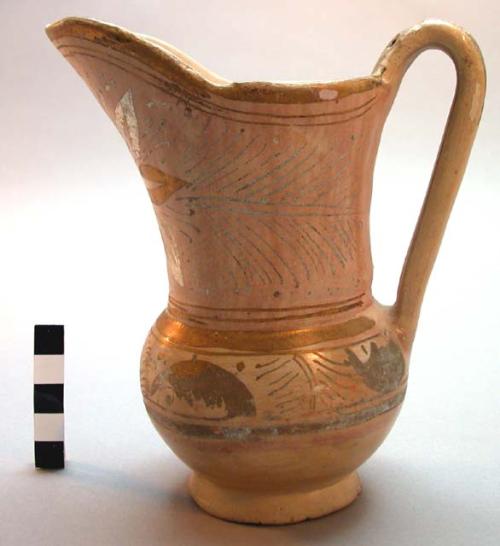 Pottery pitcher - pink with floral decoration in silver and gold