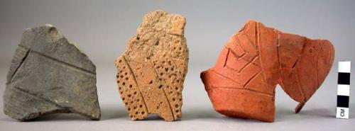 Ceramic body & base sherds, black, red, engraved, punctate, mended, recon