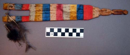 Hopi paho. Carved, notched handle; 2 downy feathers tied to top of prongs.