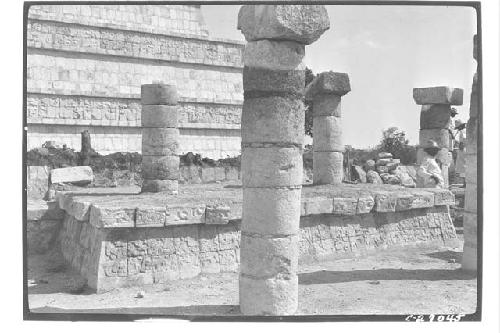 N. Colonnade. The completely sculptured and painted dais (Chac Mool in front) pa