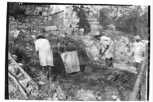 T. of Two Lintels, Old Chichen. Close view of excavation in front of central & w