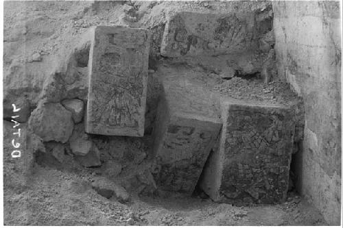 Temple of Warriors. Sections of painted and sculptured columns in buried temple