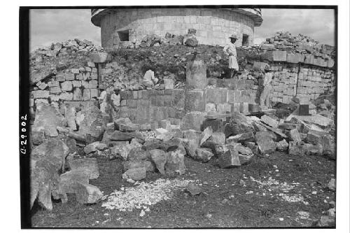 Caracol, SW corner of upper terrace under repair.