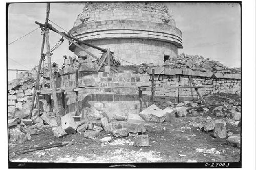 Caracol, SW corner of upper terrace under repair.