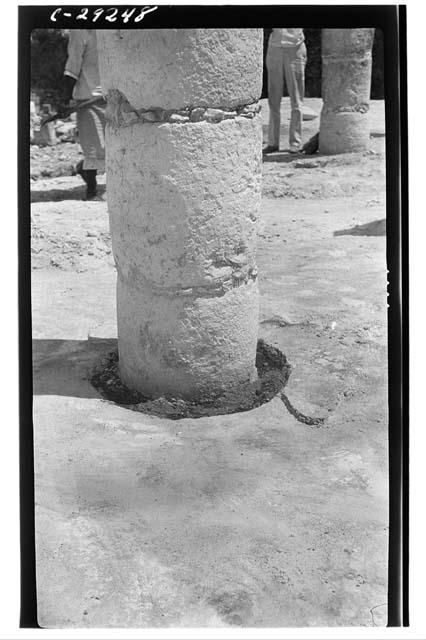 Caracol, W. Annex, showing various floor levels in outer room and how plaster floor was broken away in setting the column