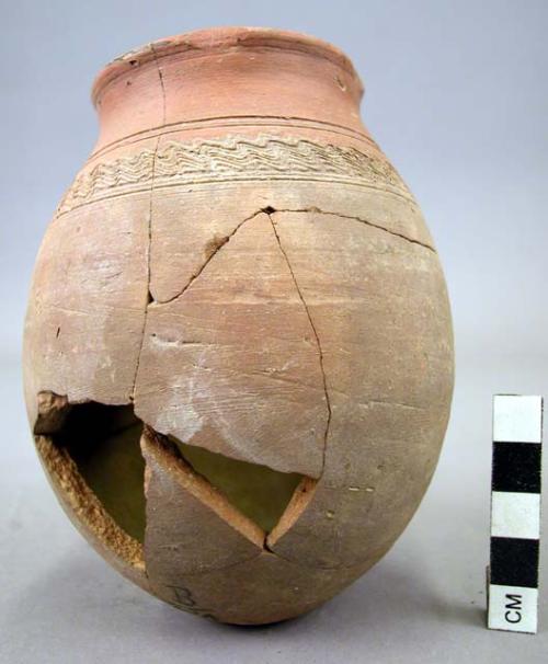 Pottery jars, red painted necks