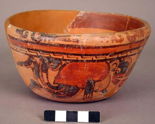 Yojoa polychrome pottery bowl; restored. Bold animalistic style.