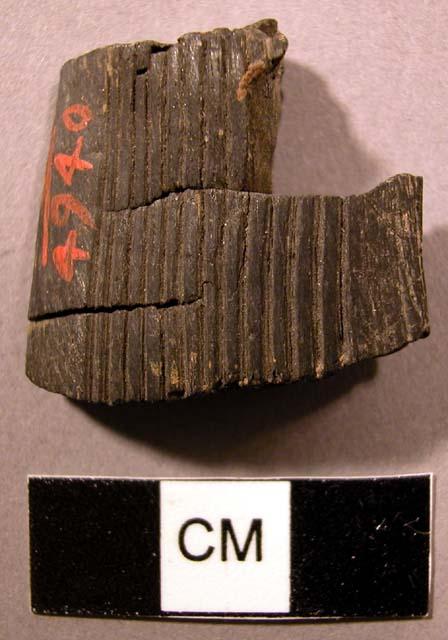 Charred fragment of wooden object - decorated