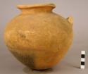 Large unpainted pottery jar - one band handle, conical base