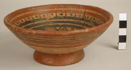 Ring base bowl, animal motif, black red and buff polychrome Period III late (ex.