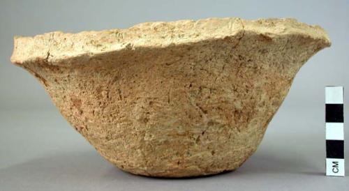 Ceramic bowl, plain, crude, undecorated, mended, sherds missing