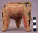 Pottery dish, tripod, colored, legs hollow and carved, handles human form
