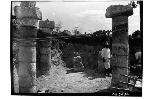 N.Col. ChacMool in front of sculpt/painted dais, partially exc. looking E