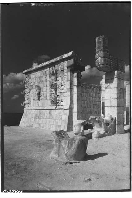 Facade, Chac Mool and north serpent column at the Temple of Warriors