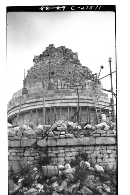 Caracol. Showing restoration of mask panel over S. doorway