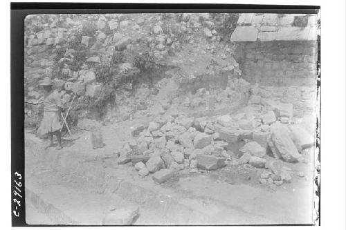 Caracol. Excavation of lower stairway (south side of stairway).