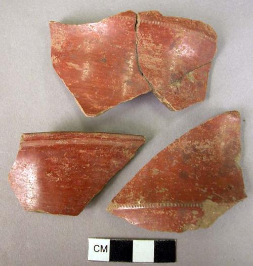 Ceramic jar sherds, red polished ware, incised band at shoulder, flat base