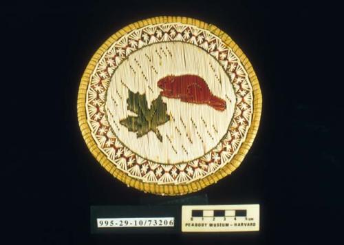 Fully-quilled birch bark basket with lid; beaver and maple leaf motif