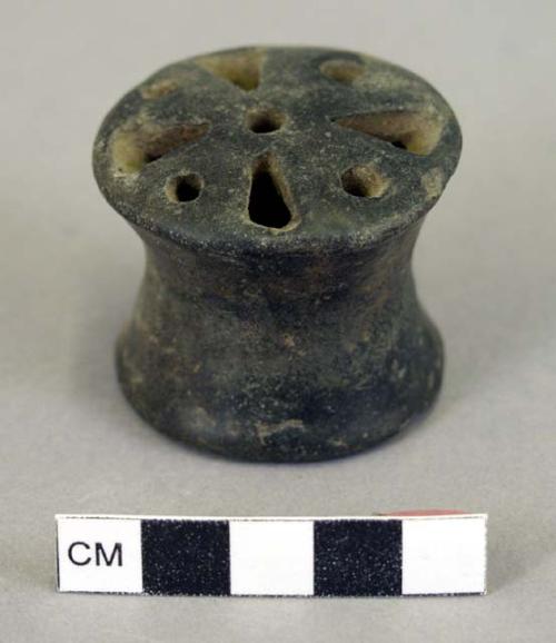 Pottery ear spool; stone