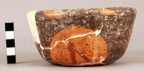 Ceramic bowl, polychrome, bird motif, mended and reconstructed