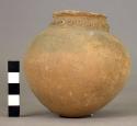 Pottery vessel- biscuit ware- with interesting design or crowned fillets around
