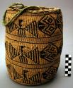 Twined corn husk soft basket ("sally bag"): birds and geometric motifs