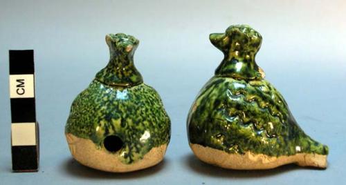 2 bird pottery whistle-green glaze 2 in high