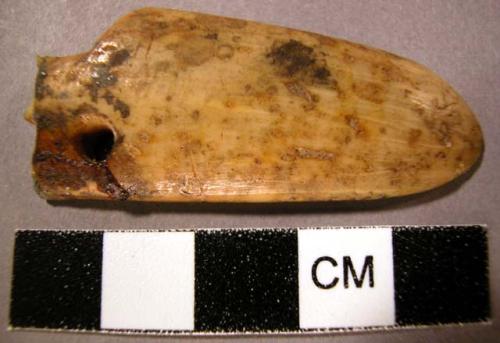 Bone fragment, spatula shaped. One perforation.