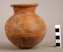 Pottery jar, red, black ornamentation extending to lower zone