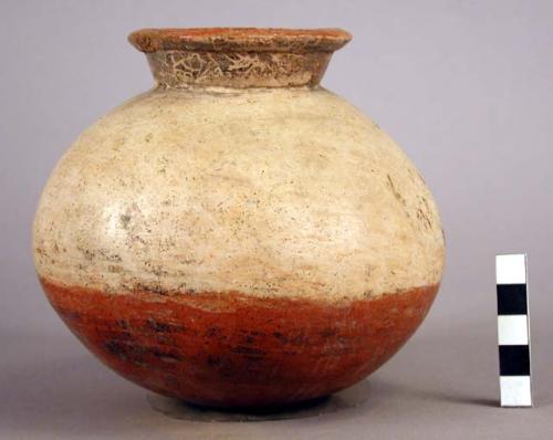 Pottery jar, base red, upper zone white with black ornamentation