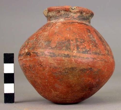 Pottery jar, small, red, black ornemtation on upper zone