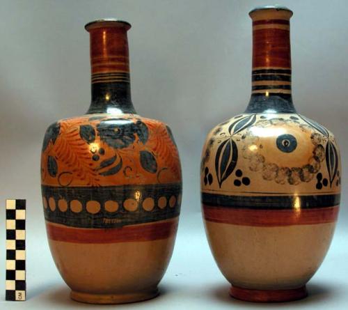 Long-necked painted pottery vases with stoppers (2)