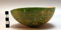 Carved gourd bowl - painted green, floral design