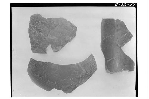 Fragments of jars - 1. Initial Series group, E. patio 2. no cat. number 3. Templ