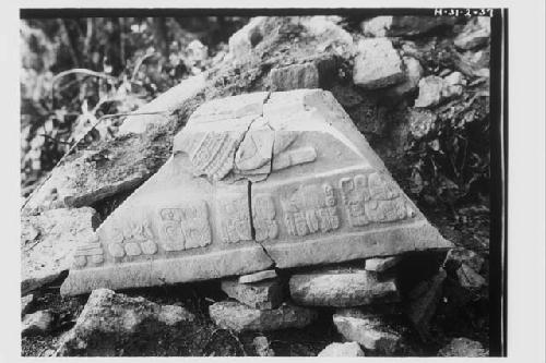 Lintel 44 - assembled fragments found at bottom of doorway, Structure 44