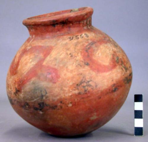 Pottery jar, small, red, black ornemtation on upper zone