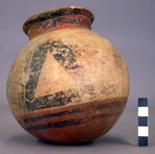 Pottery jar, base red, upper zone white with black ornamentation