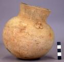 Ceramic, complete jar, round bottom, constr. neck, 2 appl. frogs at shoulder