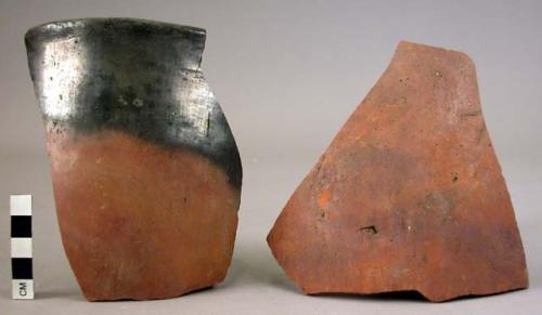 Ceramic rim & body sherds, black glazed rim band on red, mottled red body sherd