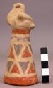 Pottery bird figure on top pottery cone- red & blue triangles