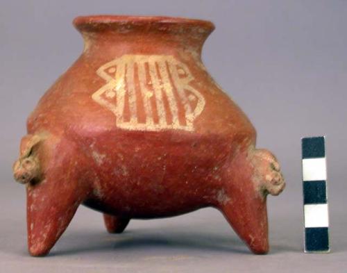 Ceramic, complete tripod jar, white on red, applied decoration, mended