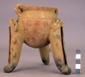 Ceramic, tripod jar, fish effigy rattle legs, incised dec., 2 twist handles