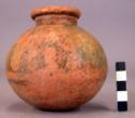Pottery jar, small, red, black ornemtation on upper zone