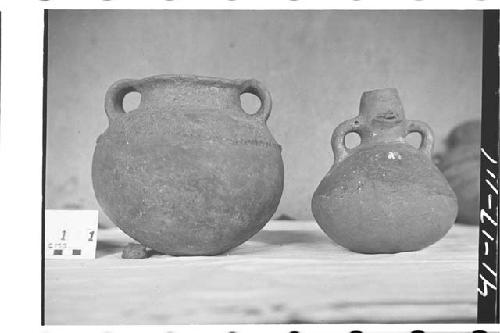 Brown Ware Jar, Incised and Appliqued; Red on Brown Effigy Jar